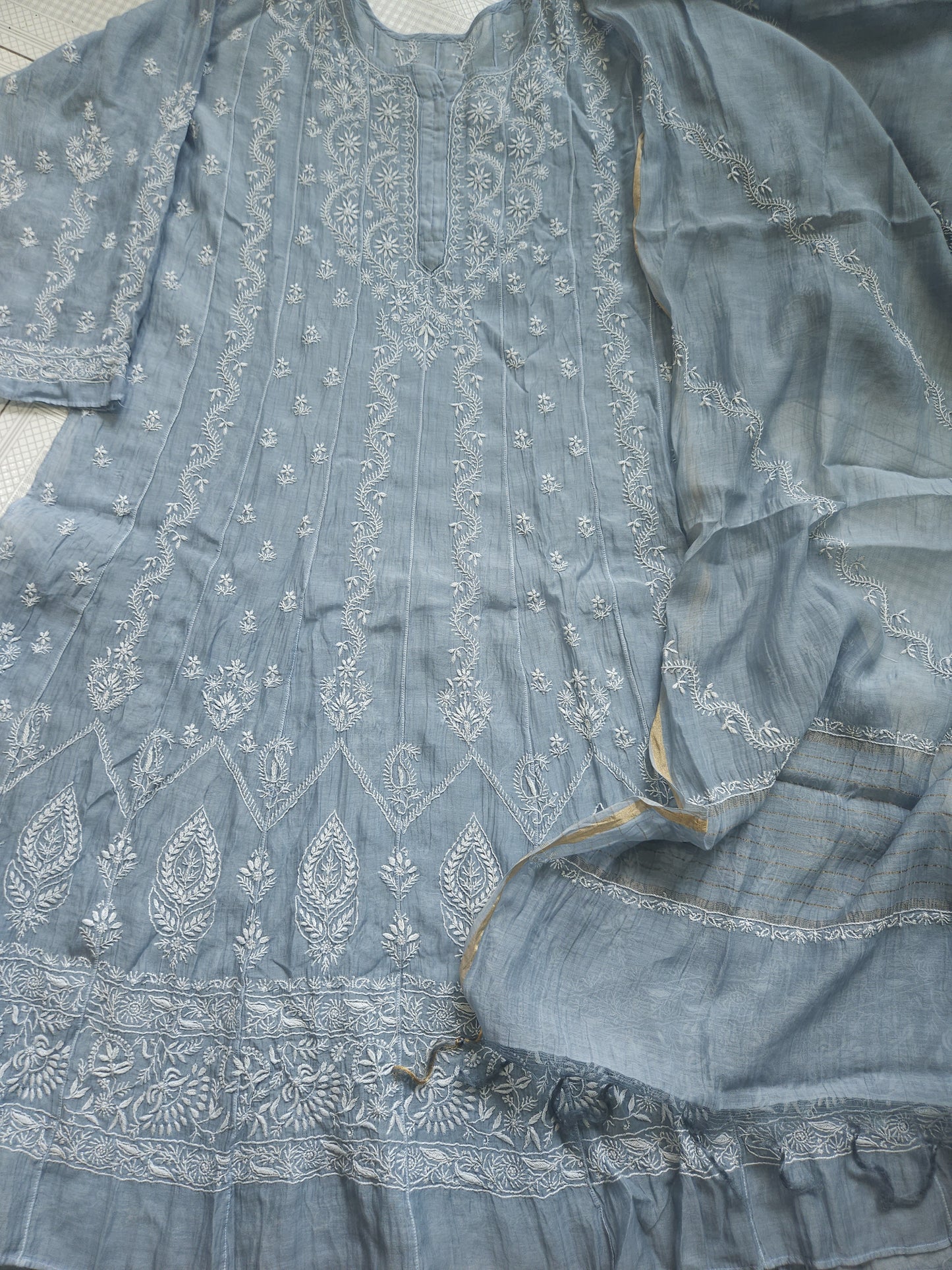 Malmal Chanderi Anarkali 2-Piece Set (Gray) (PS024)