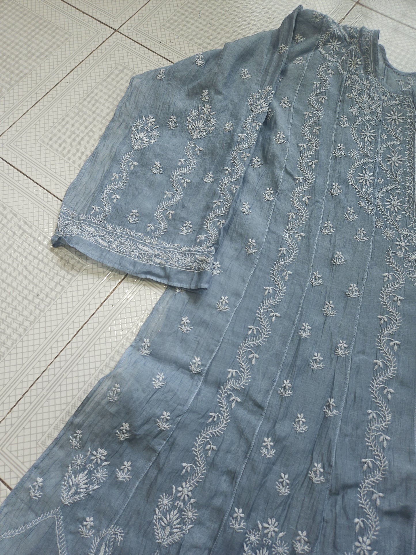 Malmal Chanderi Anarkali 2-Piece Set (Gray) (PS024)
