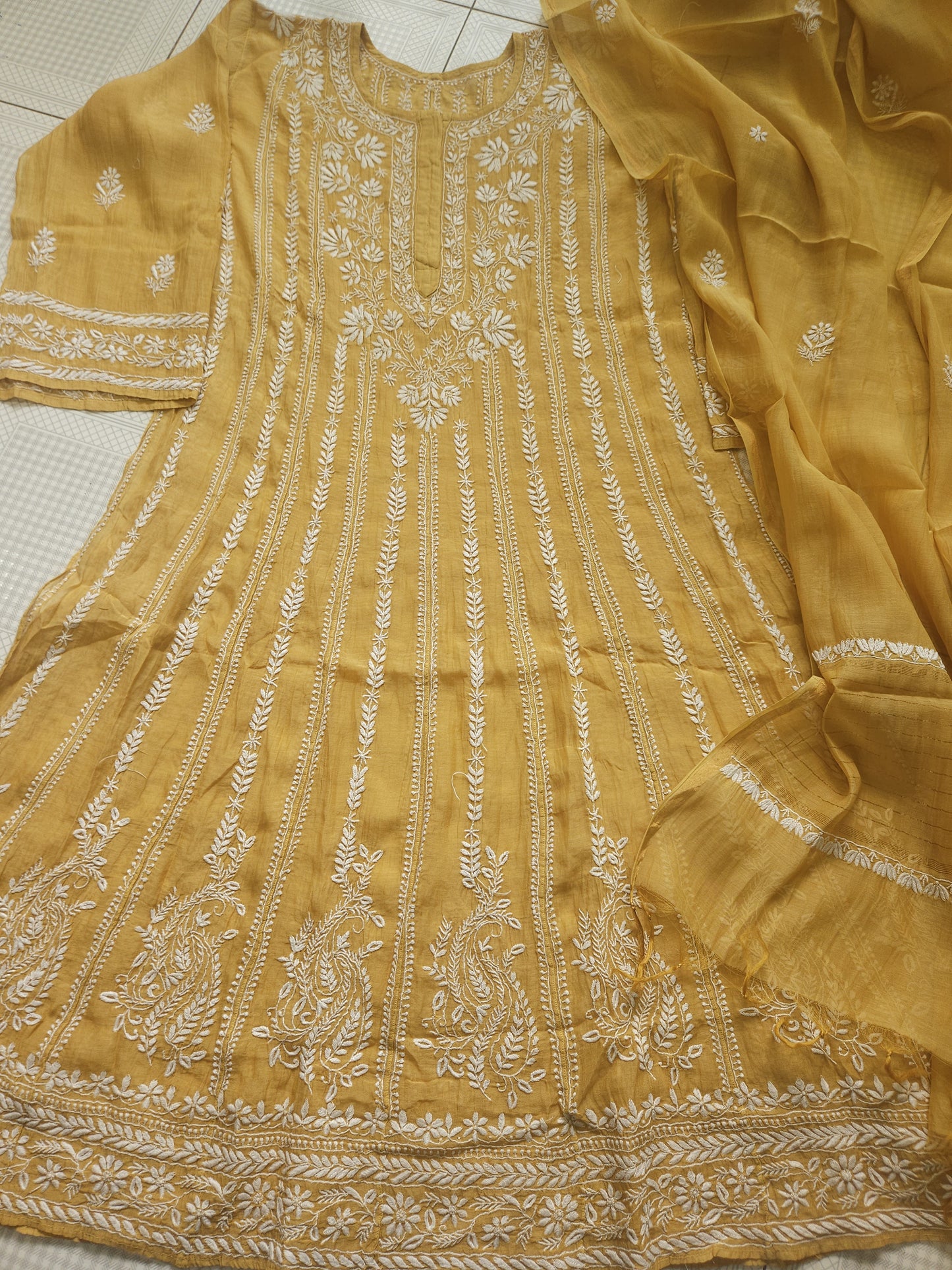 Malmal Chanderi Anarkali 2-Piece Set (Golden Beige) (PS022)