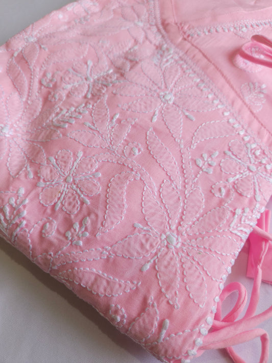 Soft Cotton Voil Angrakha Kurti (Bright Pink)