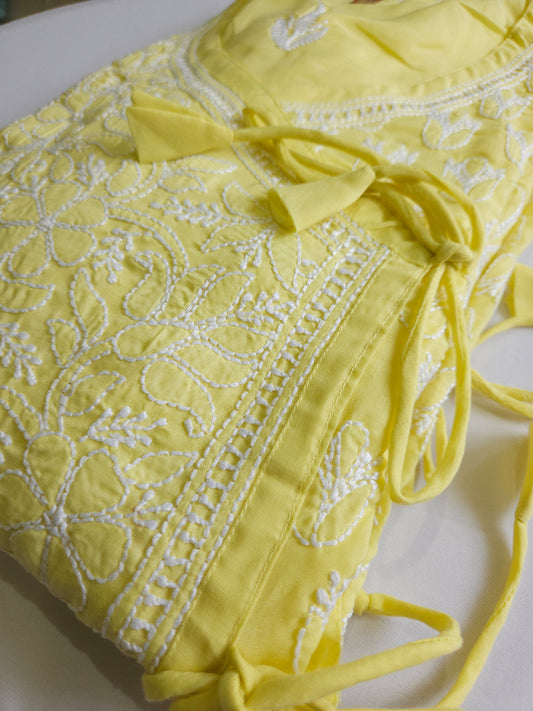 Soft Cotton Voil Angrakha Kurti (Light Yellow)