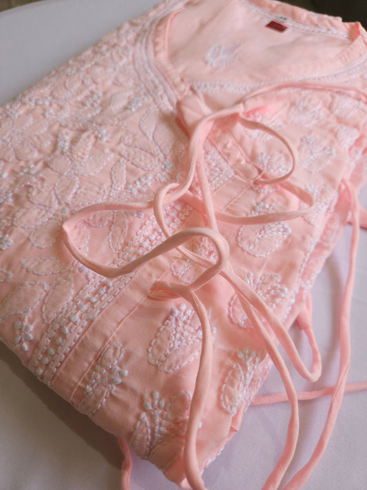 Soft Cotton Voil Angrakha Kurti (Soft Pink)