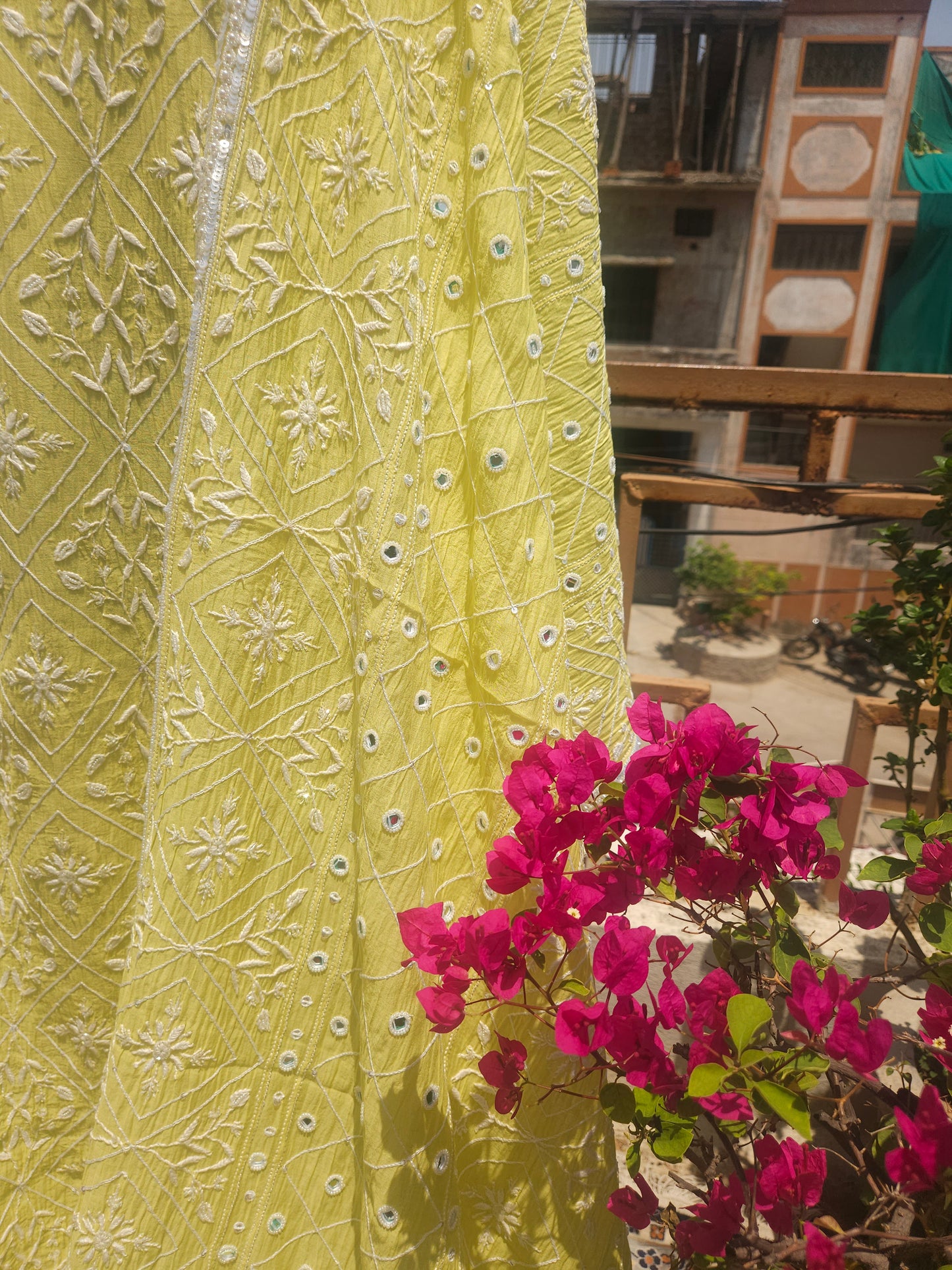 Malmal Chanderi Full Jaal Mirror work 2Piece Semistiched Suit