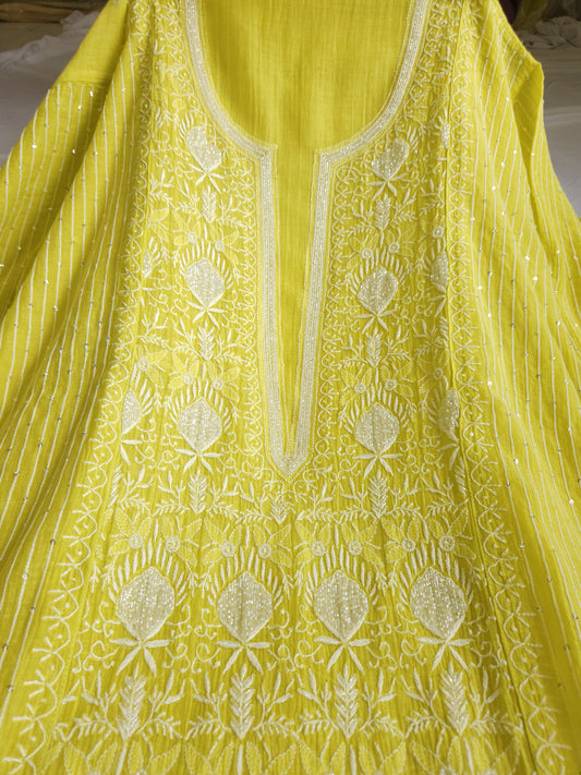 Malmal Chanderi 2-Piece Set (Lime Yellow)