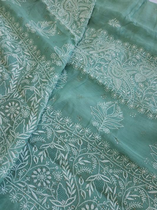 Malmal Chanderi Saree (Bluish Green)