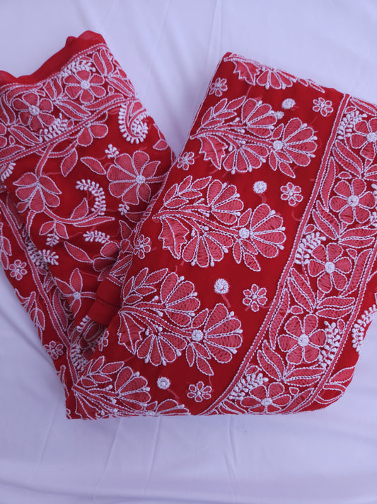 Semi Georgette Saree (Red) (PS016)