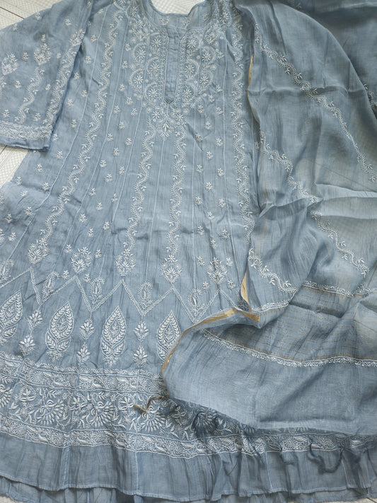 Malmal Chanderi Anarkali 2-Piece Set (Gray) (PS024)