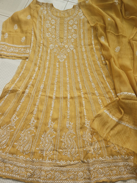 Malmal Chanderi Anarkali 2-Piece Set (Golden Beige) (PS022)