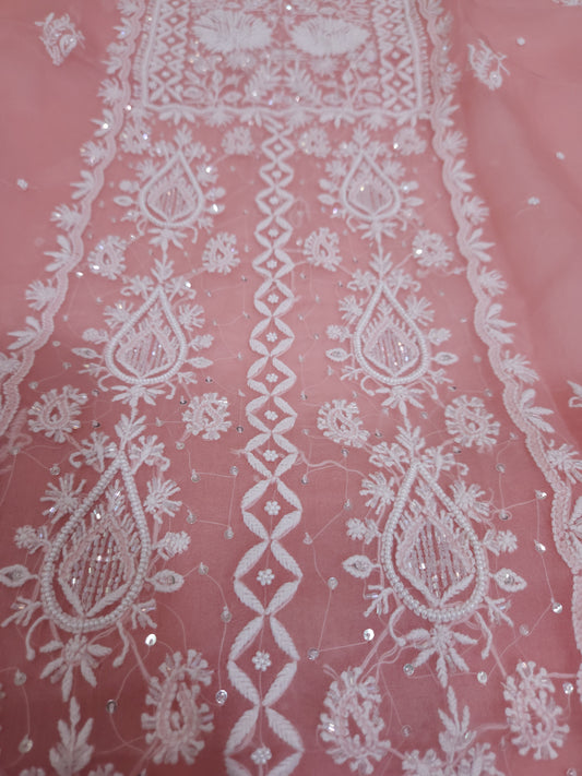 Pure Organza Silk 2-Piece Suit Set (Bright Pinkish Peach) (PS031)