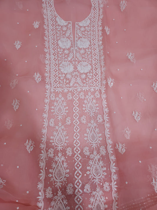 Pure Organza Silk 2-Piece Suit Set (Bright Pinkish Peach) (PS031)