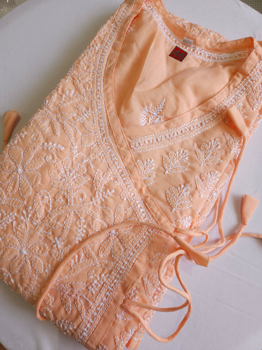 Soft Cotton Voil Angrakha Kurti (Light Peach)