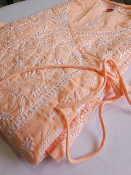 Soft Cotton Voil Angrakha Kurti (Light Peach)