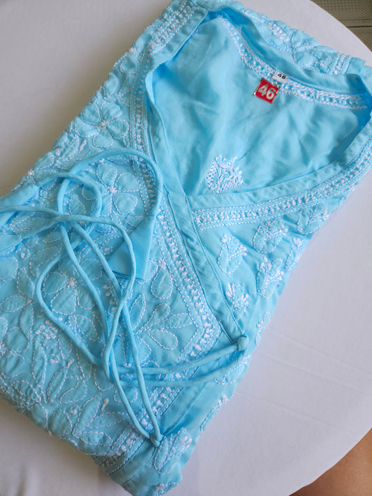Soft Cotton Voil Angrakha Kurti (Firozi Blue)