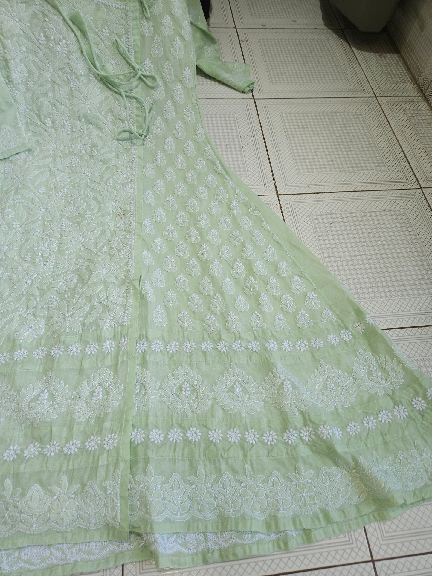 Soft Cotton Voil Angrakha Kurti (Sage Green)