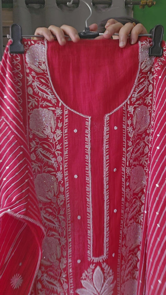 Product Code MCS021 Malmal Chanderi Semistitched Set