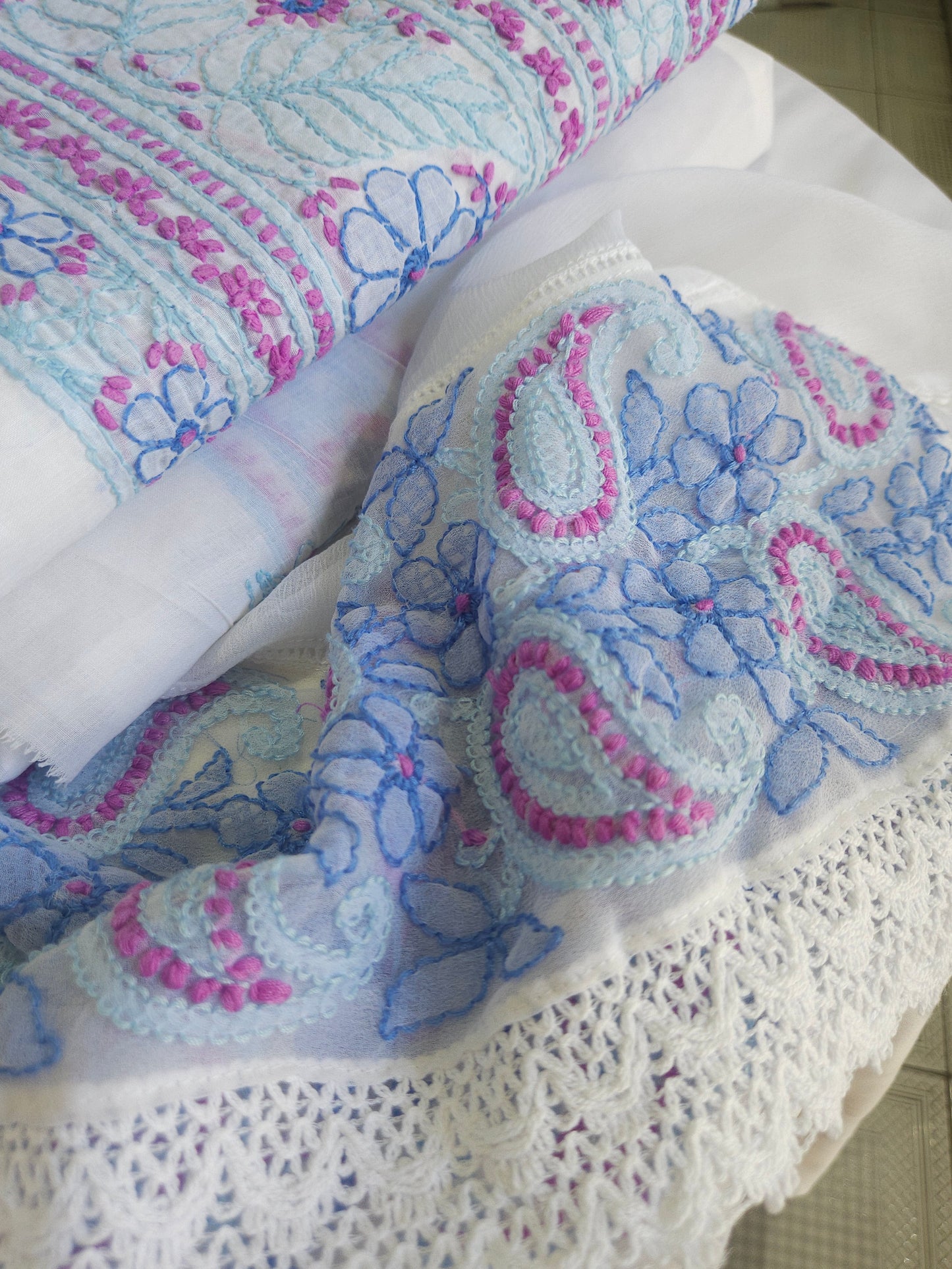 Cotton Voil 3Piece Chikankari Designer Dupatta Set