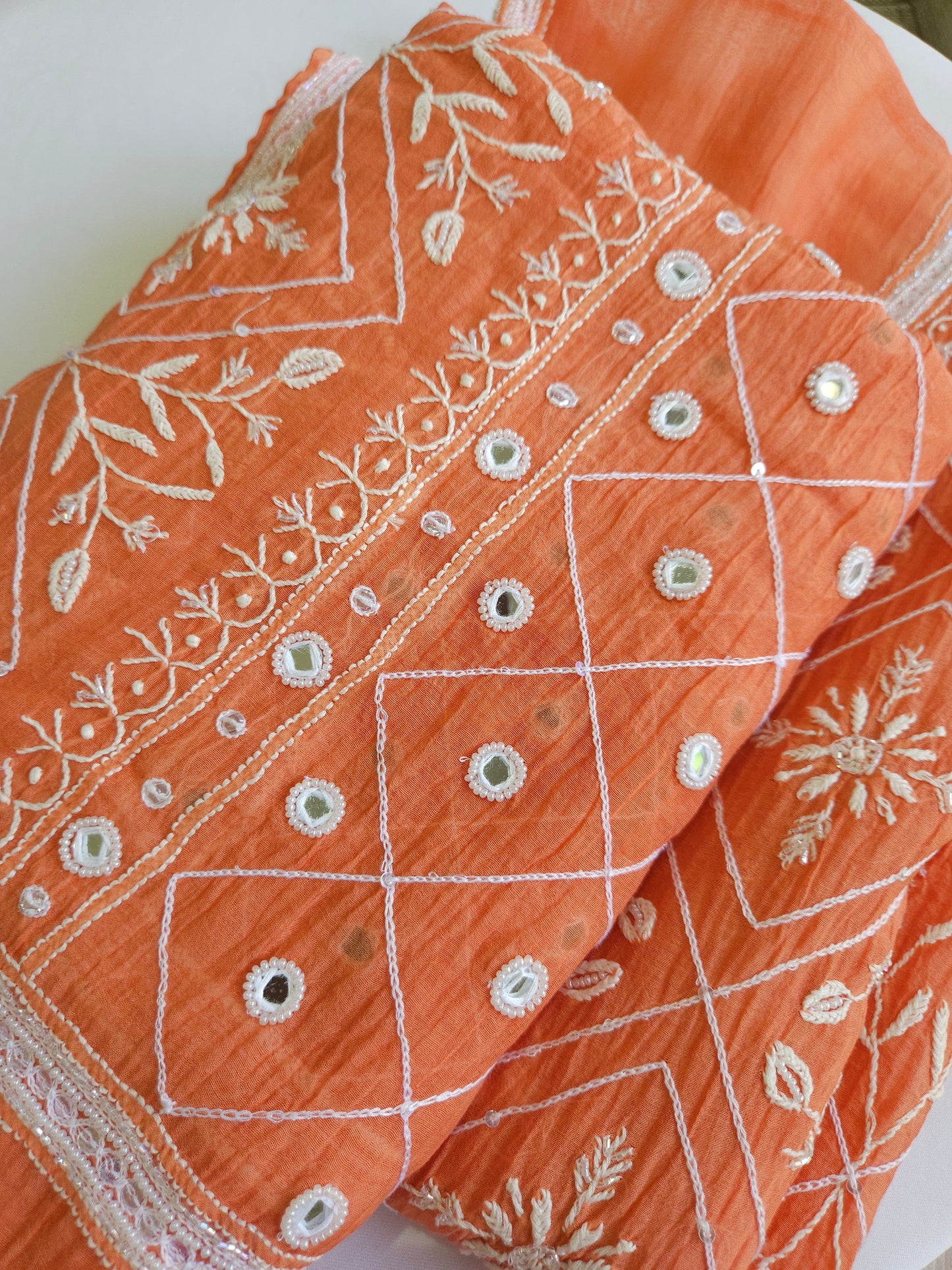 Malmal Chanderi Full Jaal 2Piece Mirror work Semistiched Suit