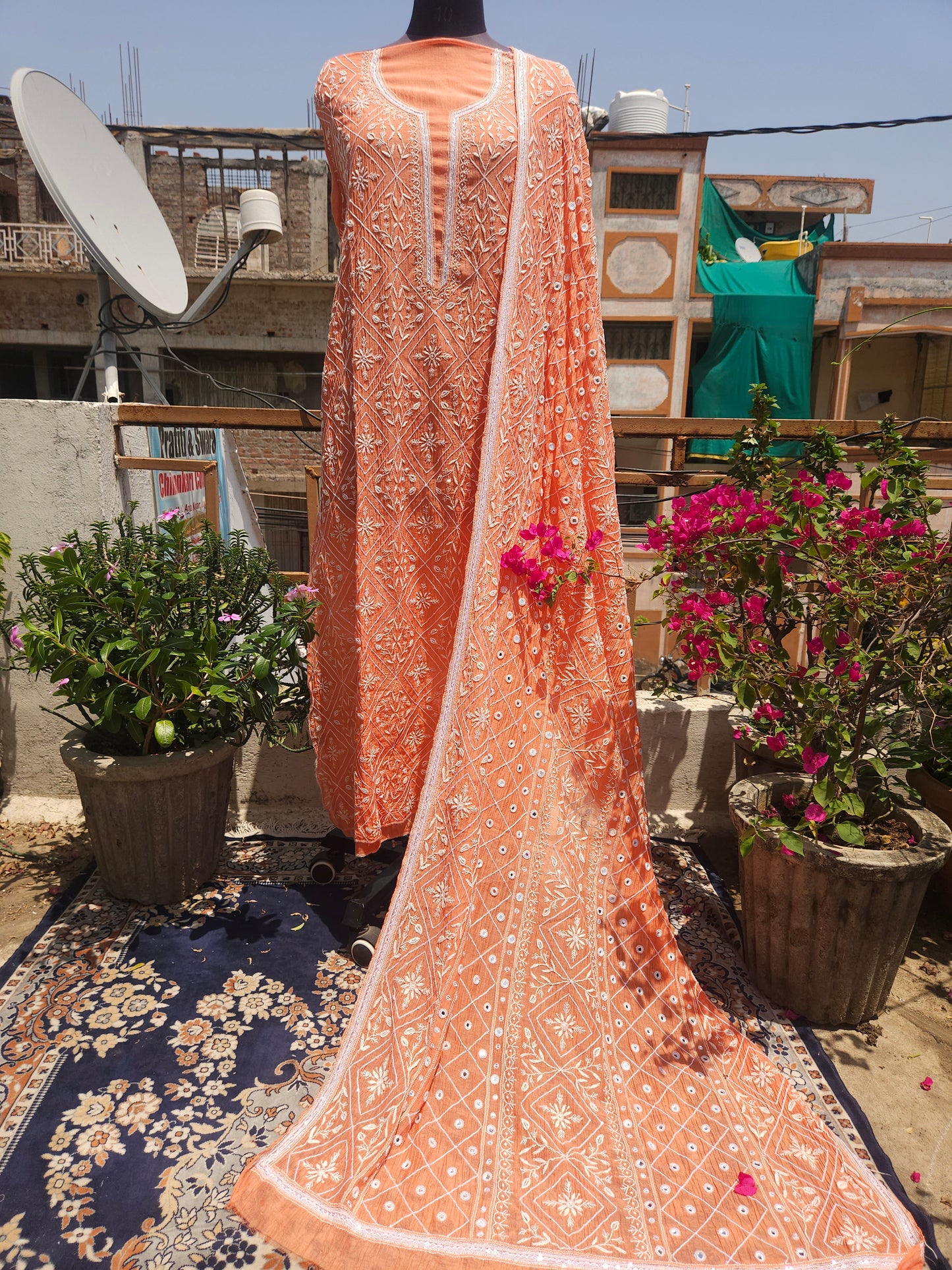 Malmal Chanderi Full Jaal 2Piece Mirror work Semistiched Suit