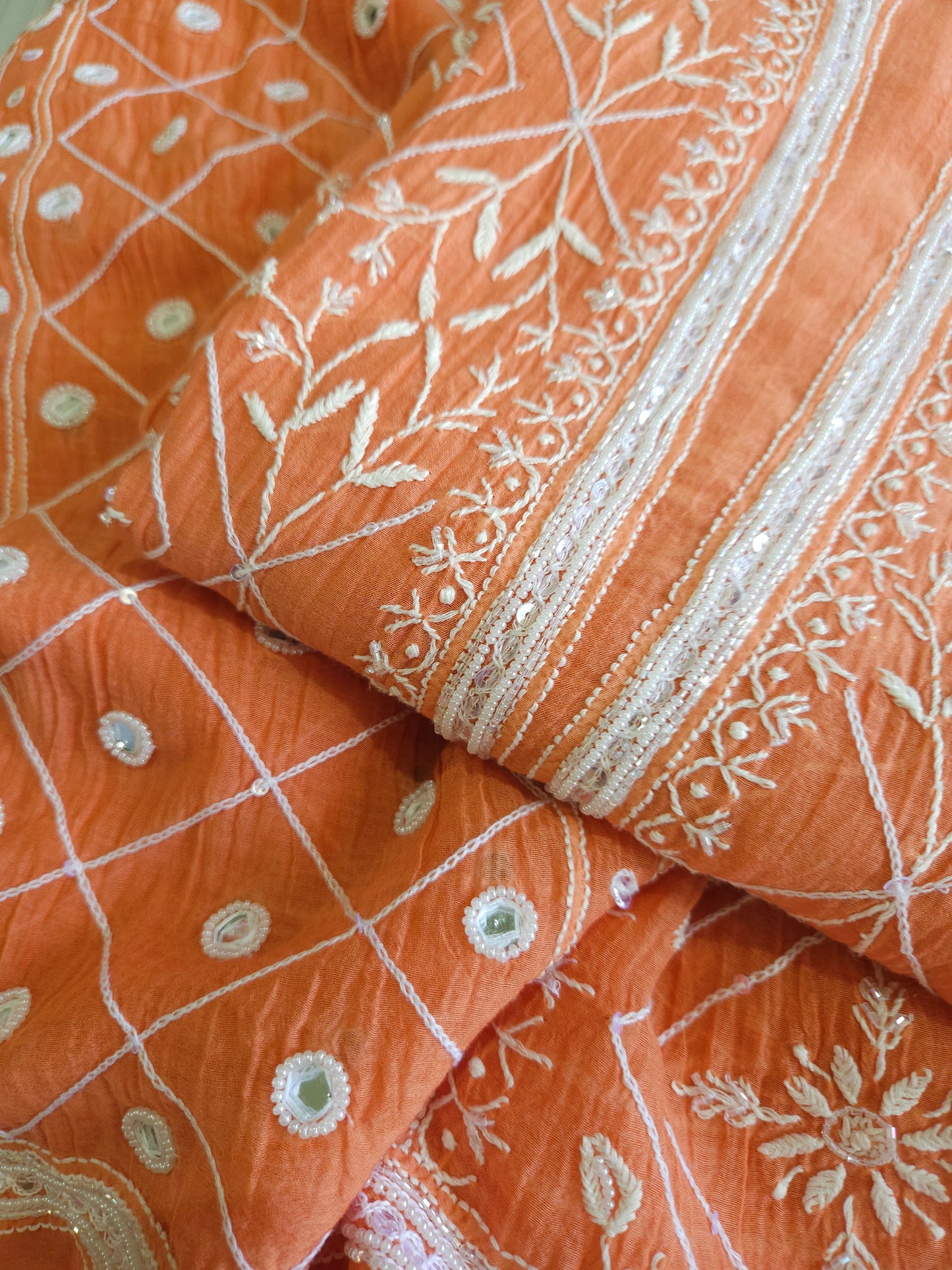Malmal Chanderi Full Jaal 2Piece Mirror work Semistiched Suit