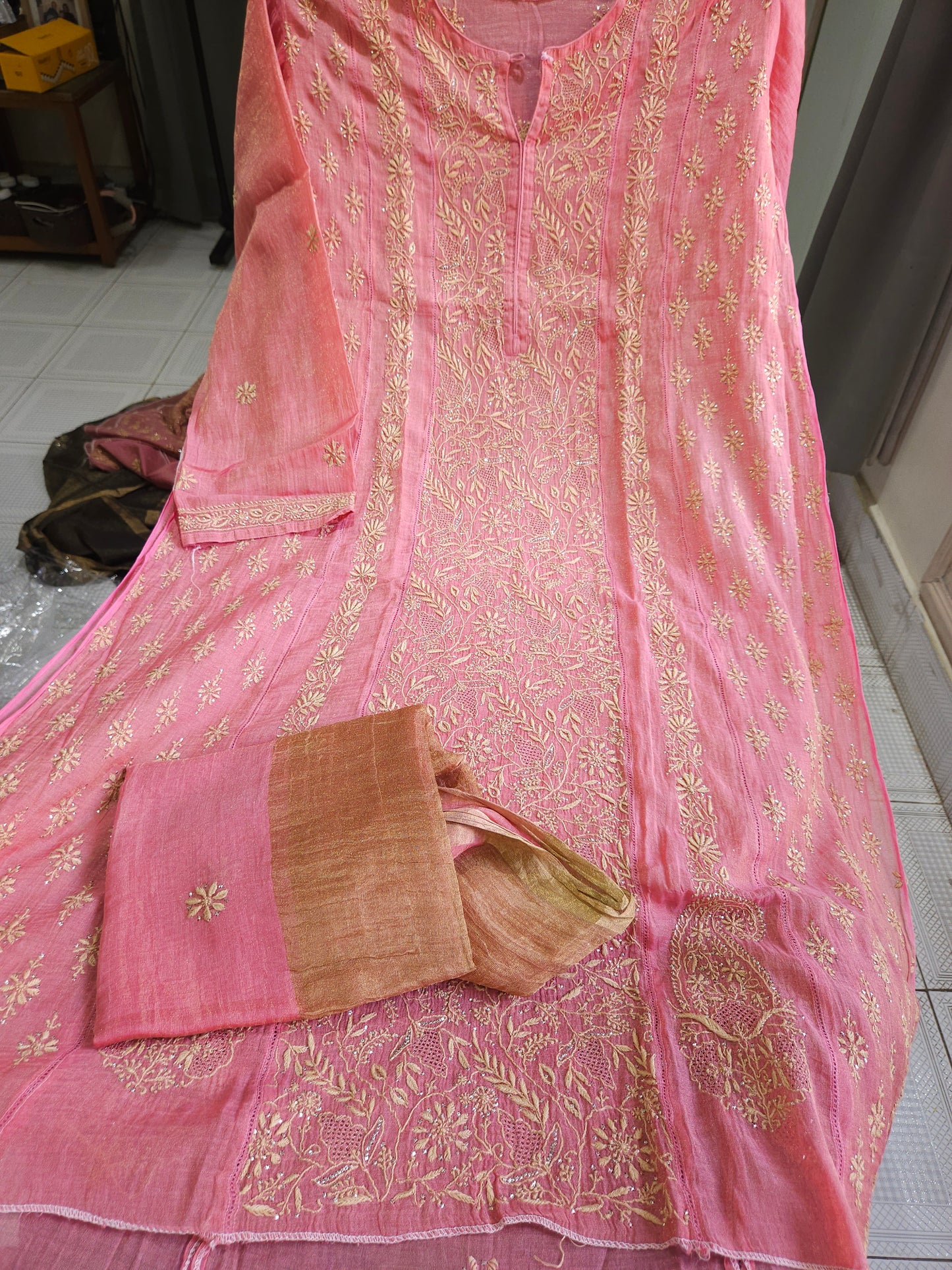 Pure Zari Tissue 2piece Aline Chikankari Suit