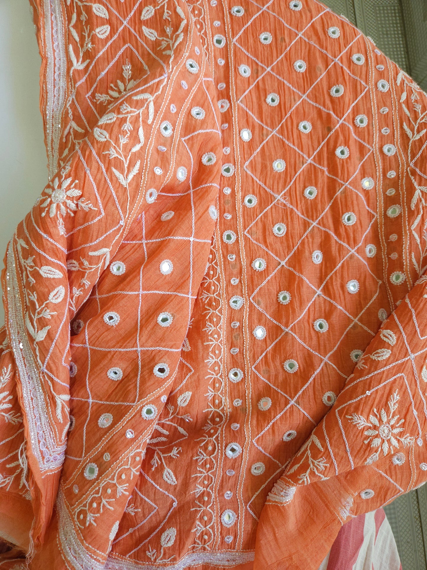 Malmal Chanderi Full Jaal 2Piece Mirror work Semistiched Suit