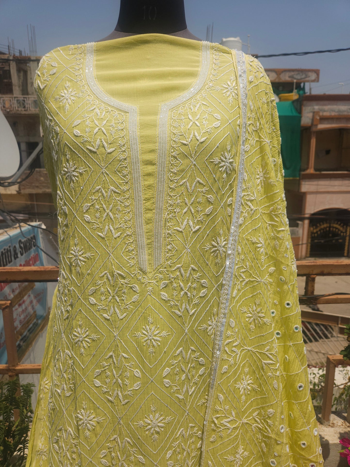 Malmal Chanderi Full Jaal Mirror work 2Piece Semistiched Suit