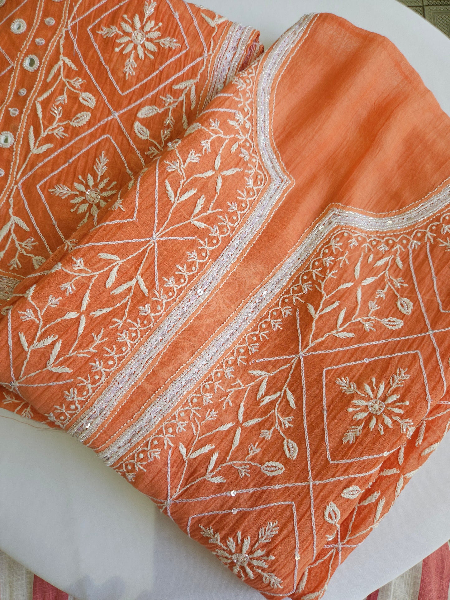 Malmal Chanderi Full Jaal 2Piece Mirror work Semistiched Suit