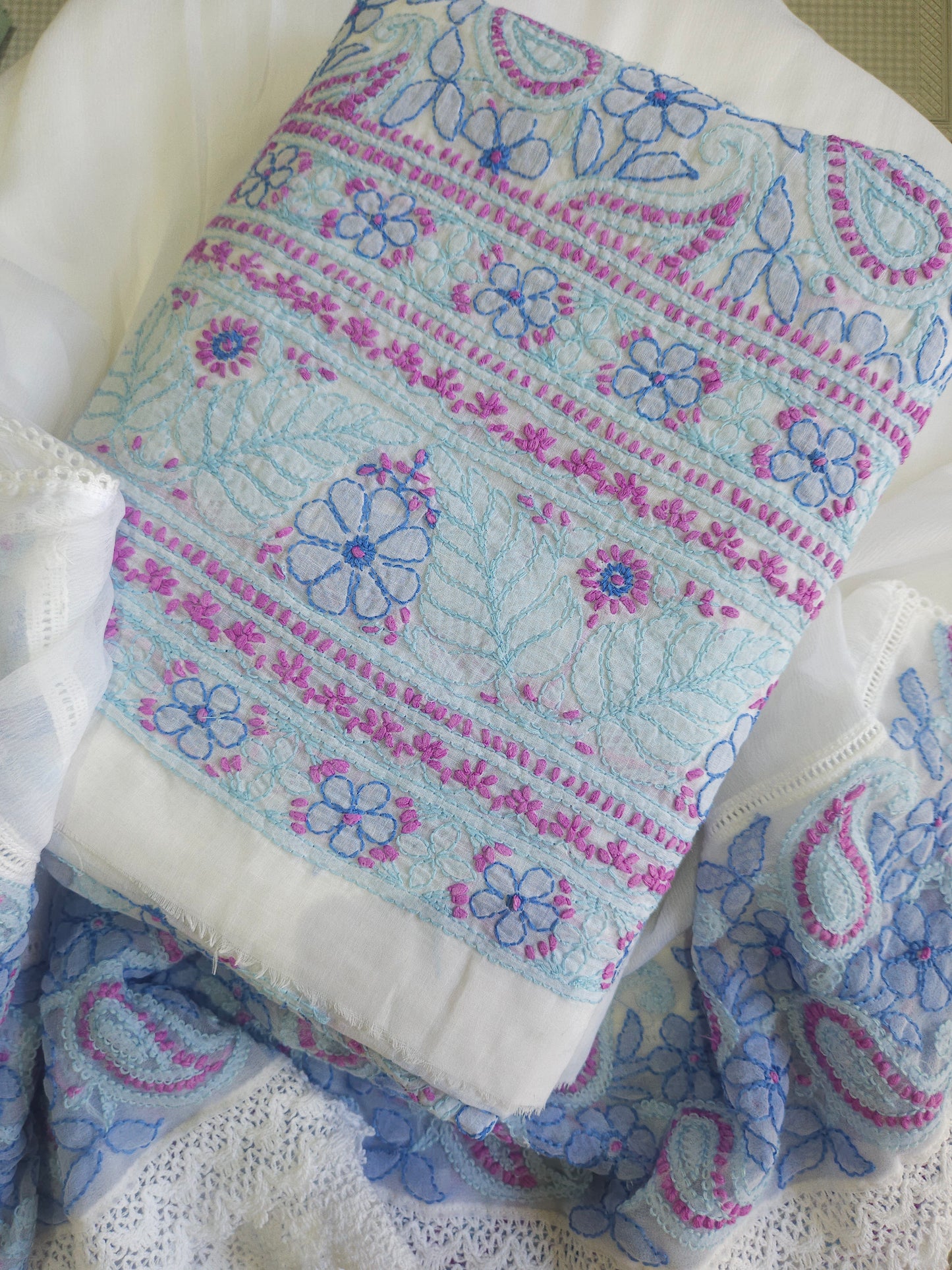 Cotton Voil 3Piece Chikankari Designer Dupatta Set