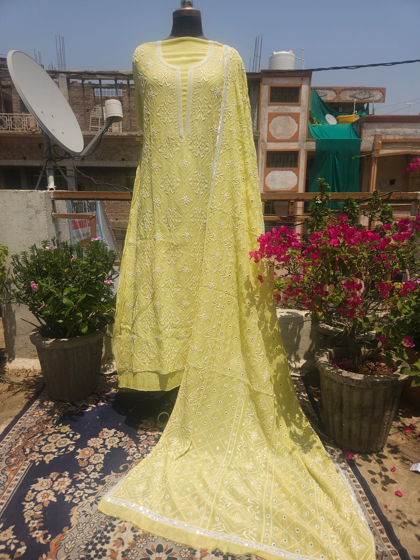 Malmal Chanderi Full Jaal Mirror work 2Piece Semistiched Suit