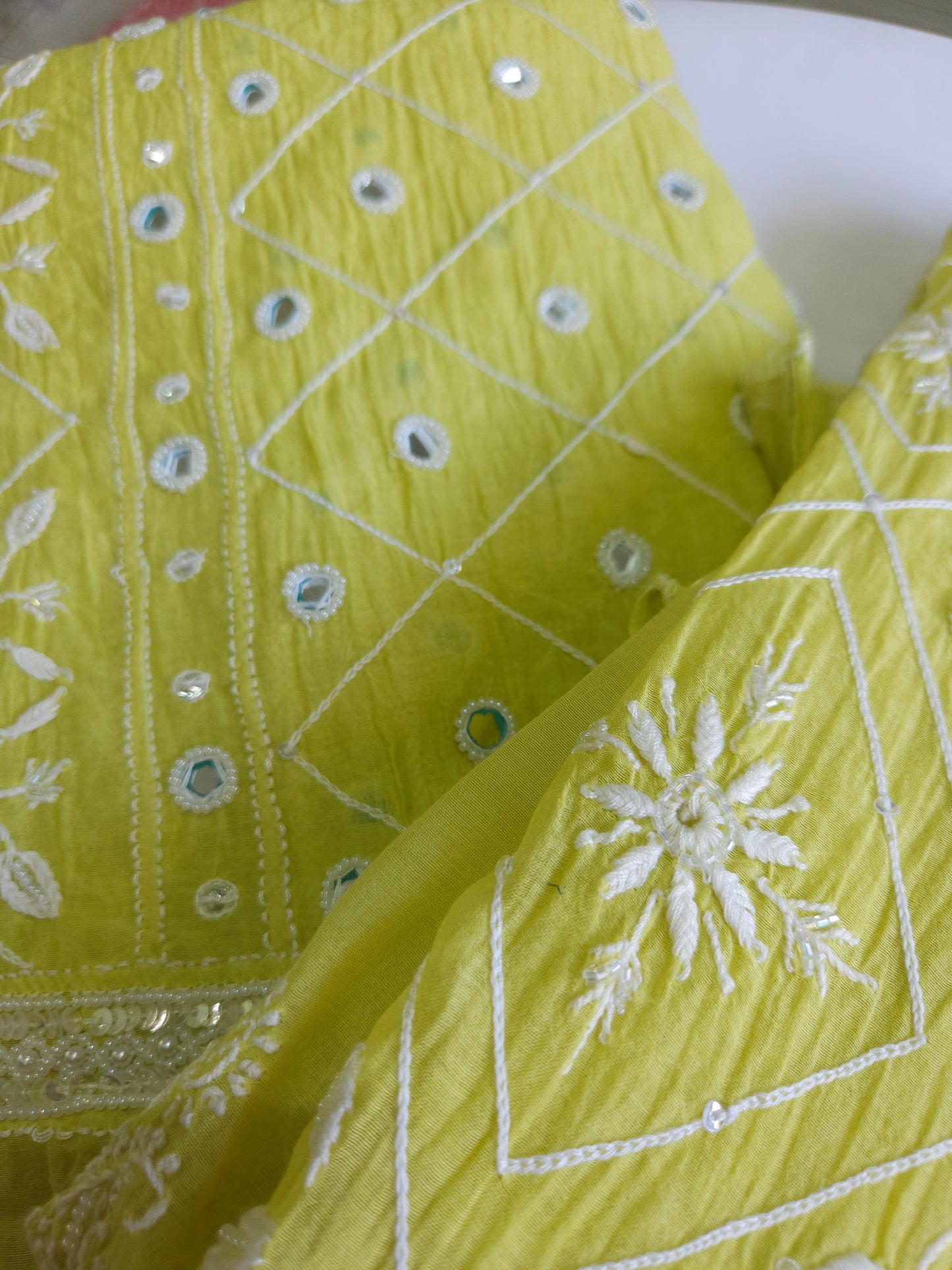 Malmal Chanderi Full Jaal Mirror work 2Piece Semistiched Suit