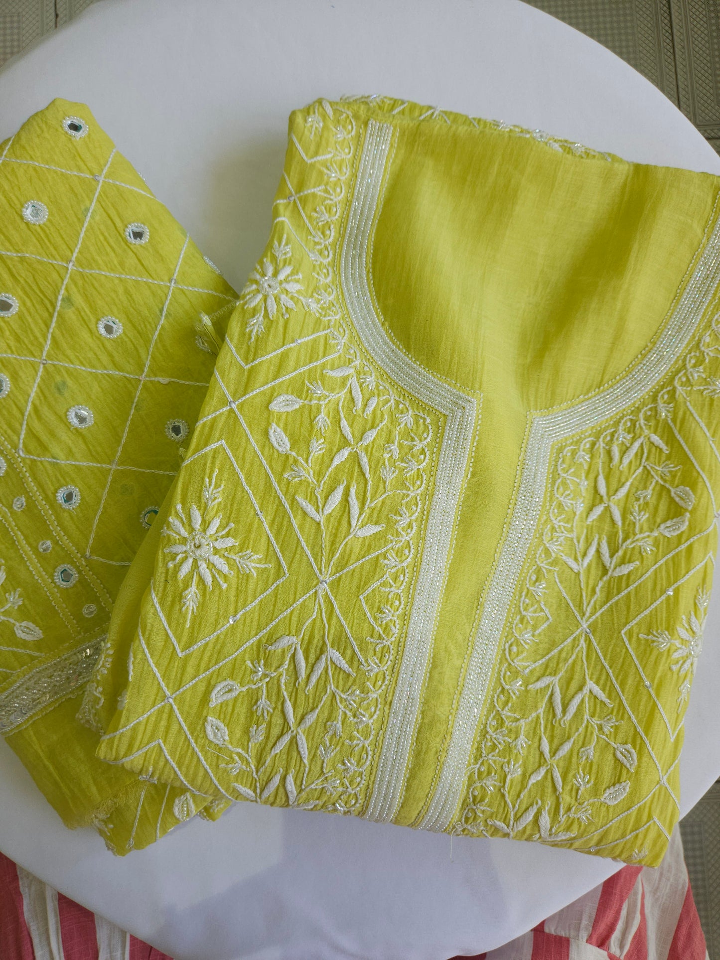 Malmal Chanderi Full Jaal Mirror work 2Piece Semistiched Suit
