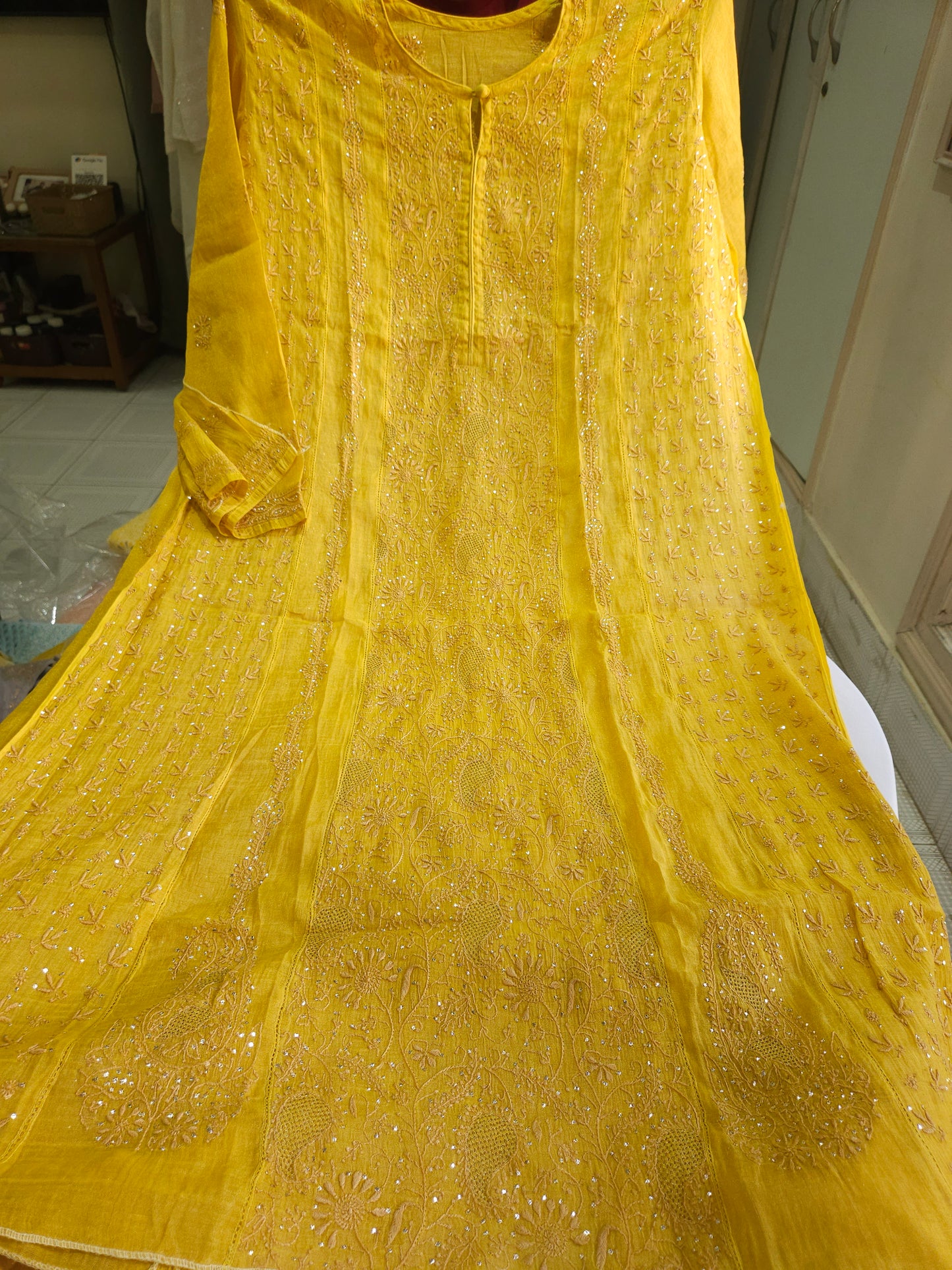 Pure Zari Tissue 2Piece Semistiched Chikankari Anarkali Set
