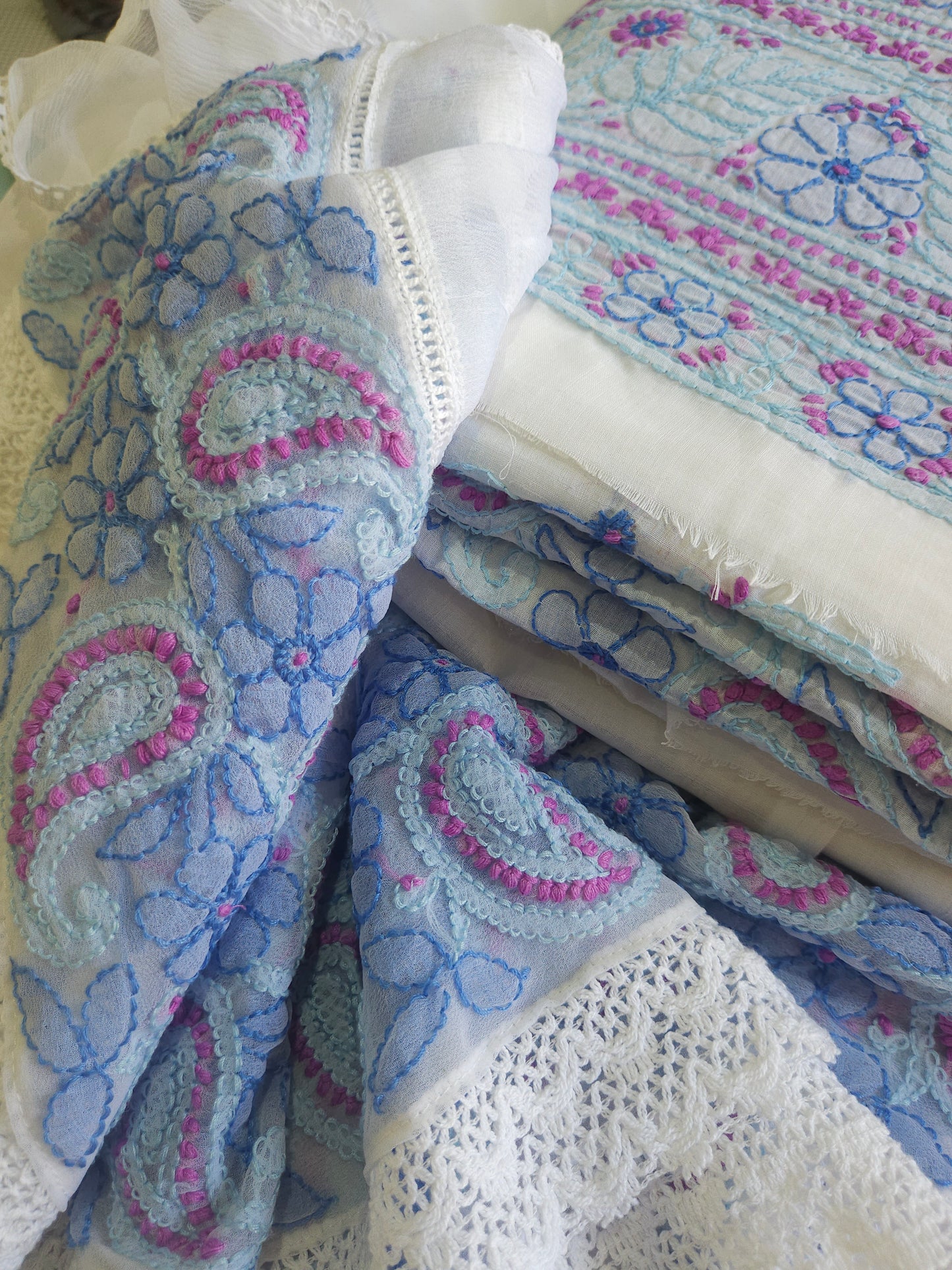 Cotton Voil 3Piece Chikankari Designer Dupatta Set