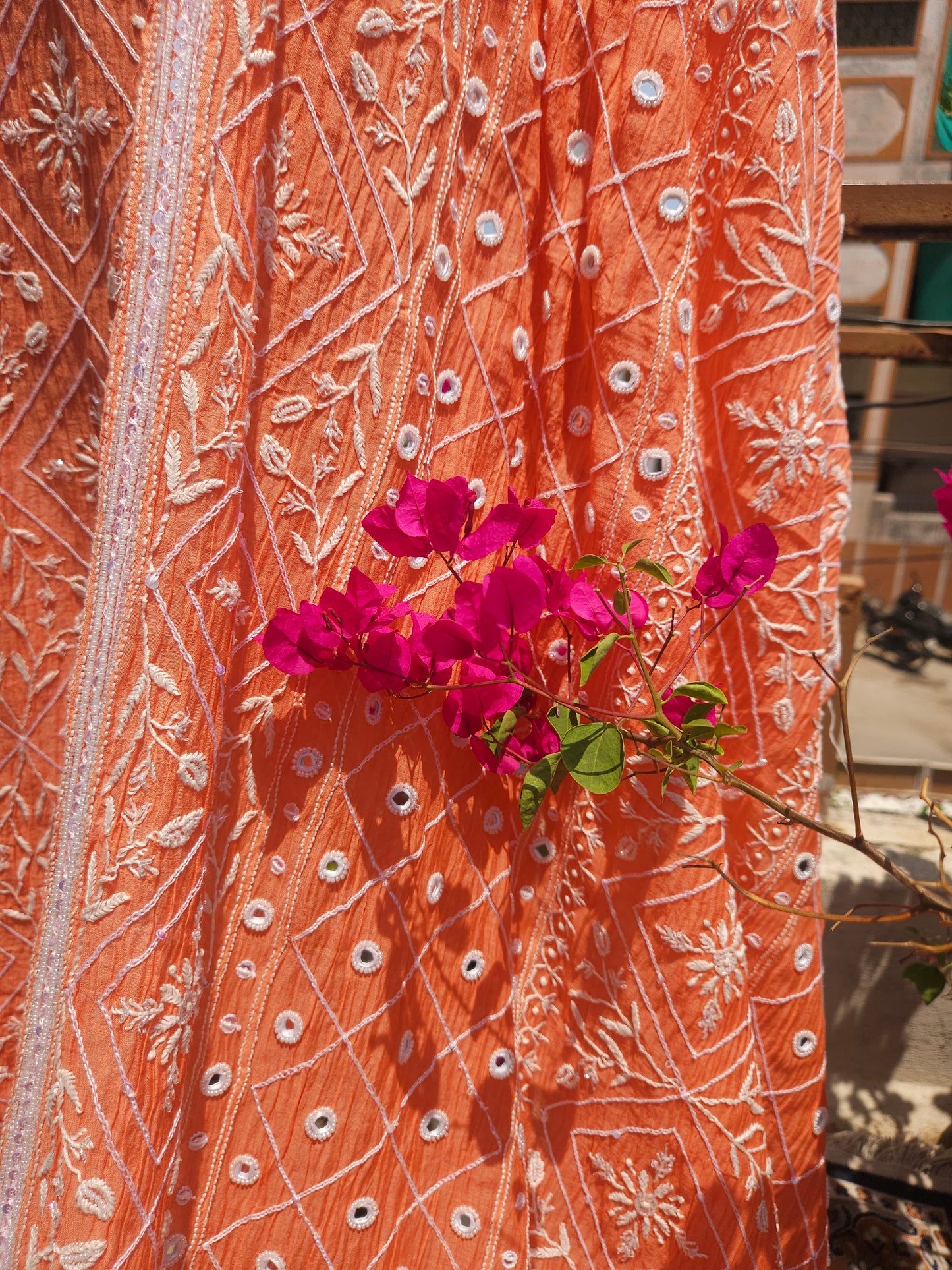 Malmal Chanderi Full Jaal 2Piece Mirror work Semistiched Suit