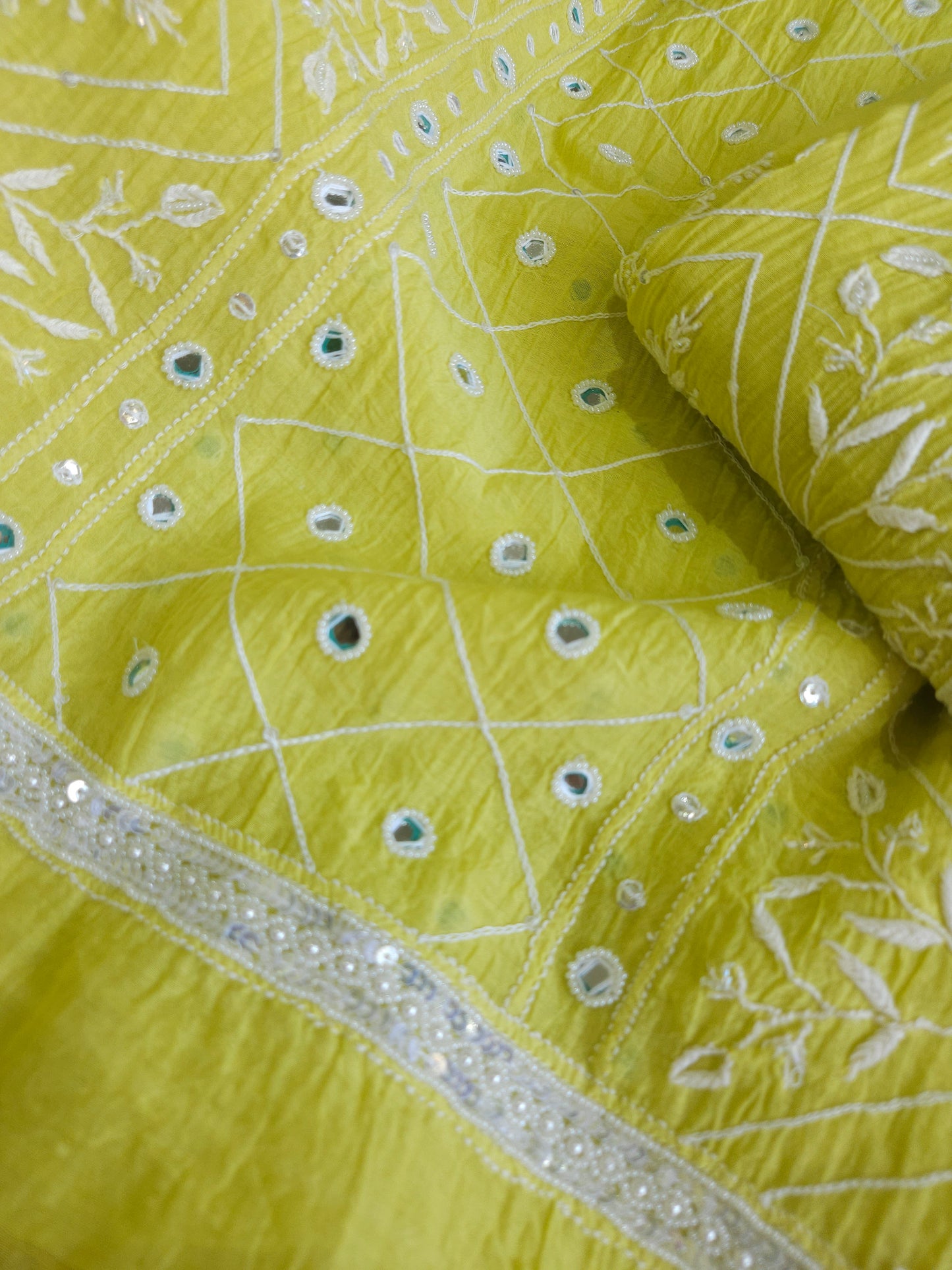 Malmal Chanderi Full Jaal Mirror work 2Piece Semistiched Suit