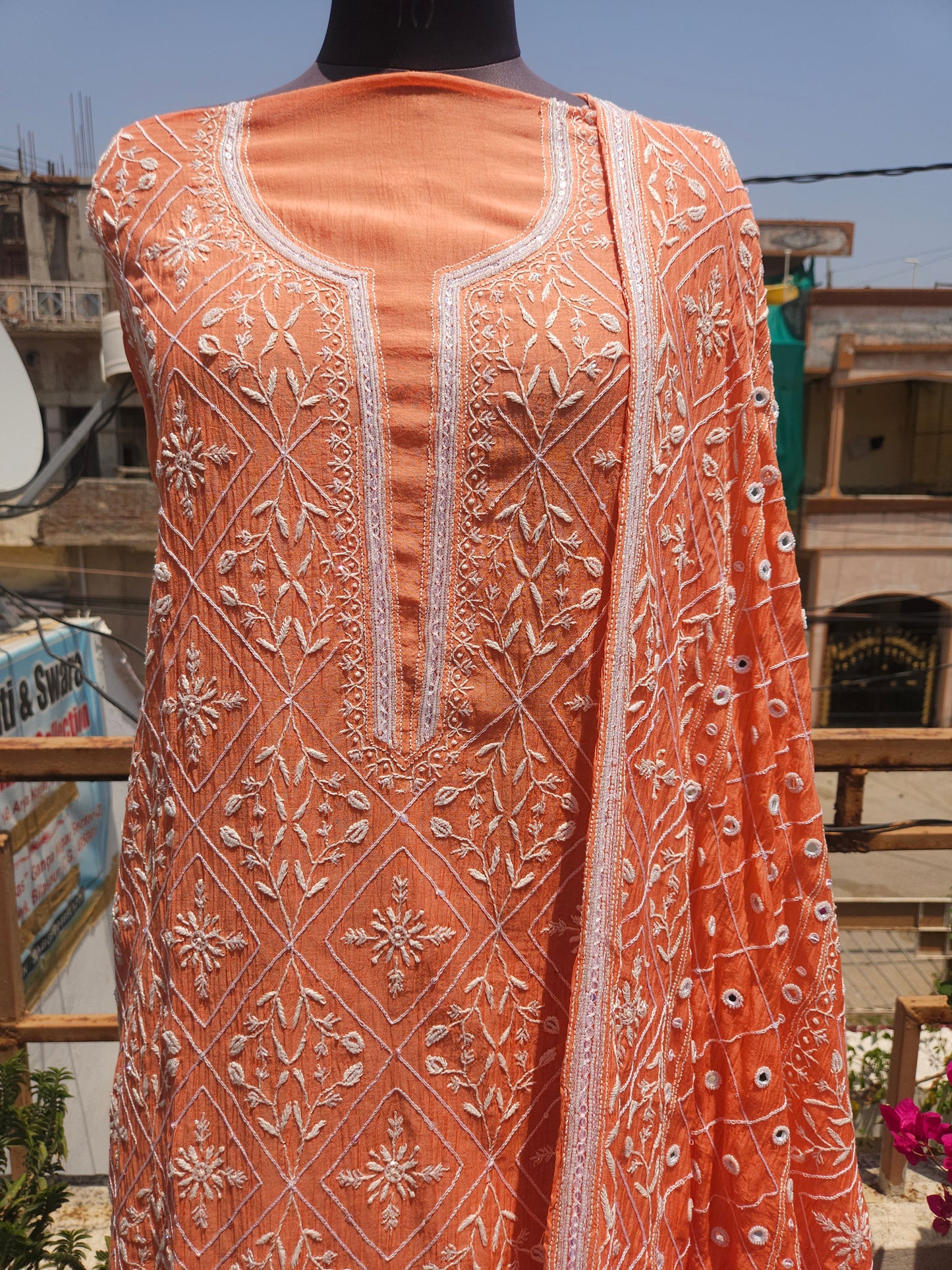 Malmal Chanderi Full Jaal 2Piece Mirror work Semistiched Suit