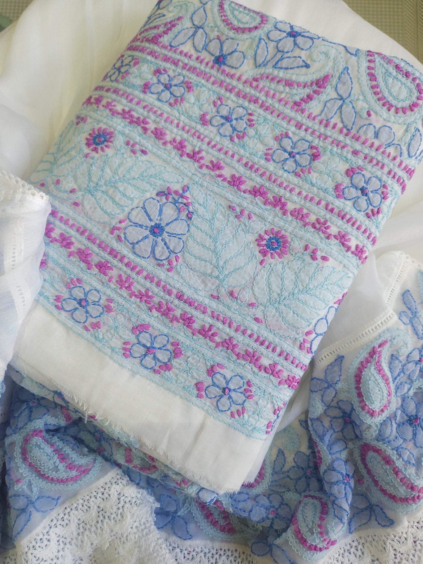 Cotton Voil 3Piece Chikankari Designer Dupatta Set