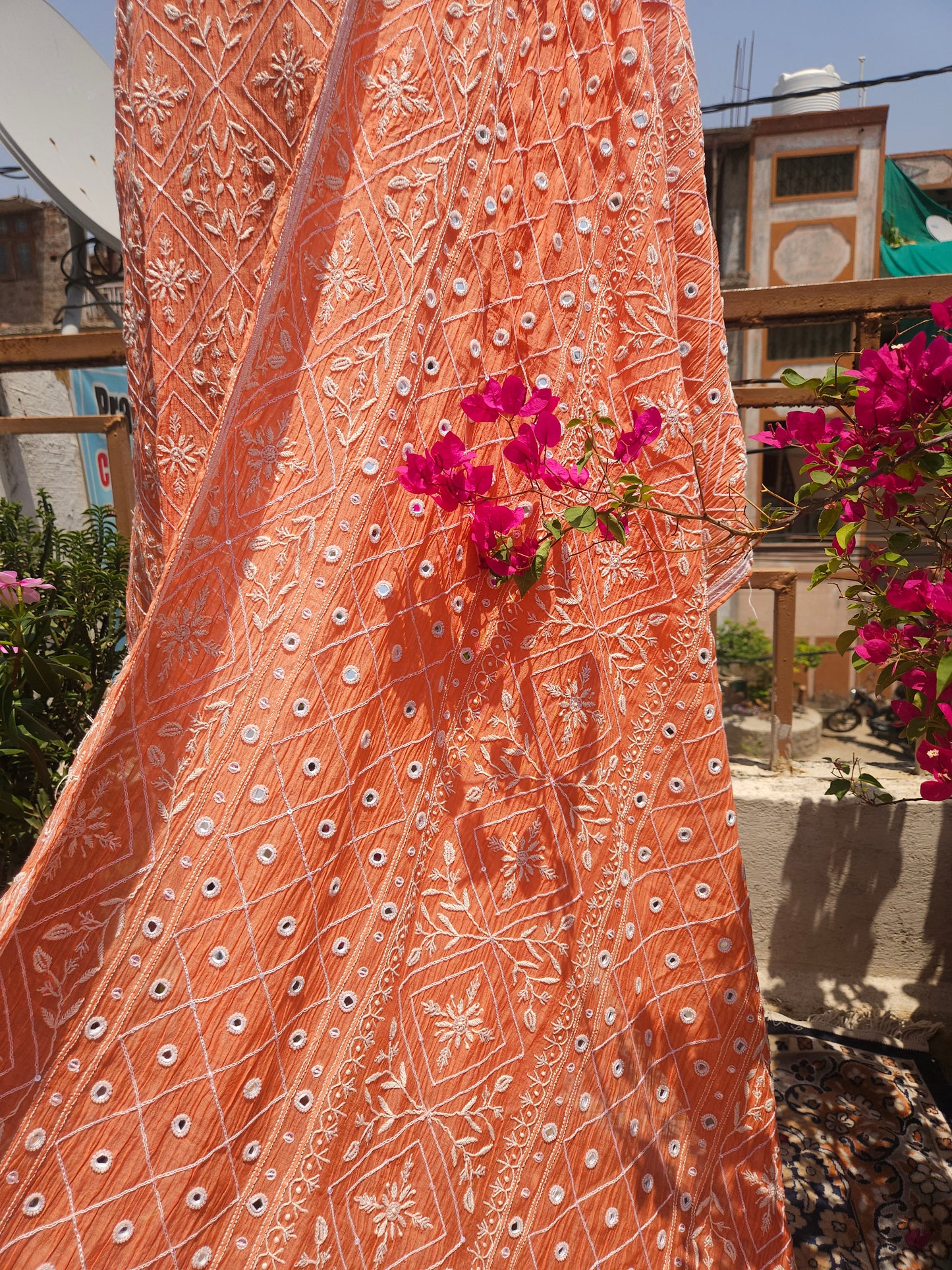 Malmal Chanderi Full Jaal 2Piece Mirror work Semistiched Suit